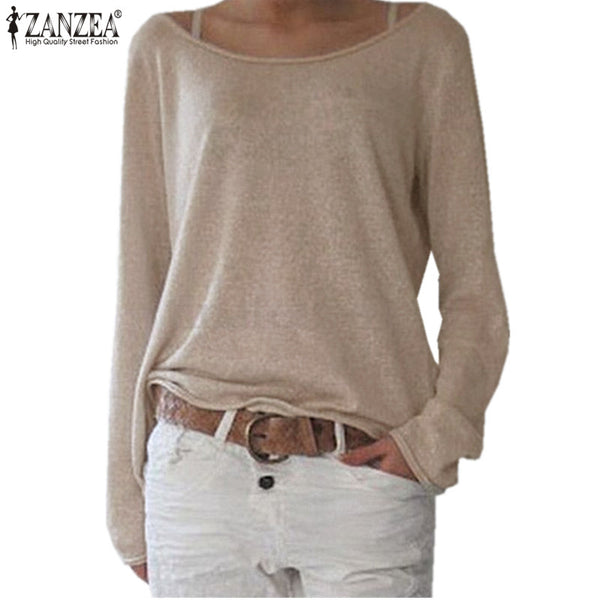 Zanzea T Shirt Women 2017 New Spring Casual O Neck Long Sleeve Cotton T-Shirts Tops  Solid Color Loose Knitted Blusas