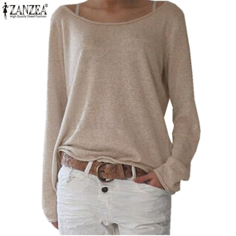 Zanzea T Shirt Women 2017 New Spring Casual O Neck Long Sleeve Cotton T-Shirts Tops  Solid Color Loose Knitted Blusas