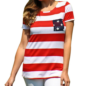 Copy of Cotton T shirt Womens Fashion Five Stars Printing Short Sleeve Striped Tops T-Shirt With Pockets Basic Tees T-Shirts