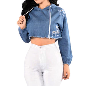 Blue Demin Blouse Women Long Sleeve Jean Hoodie Hole Hooded Pullover Short Blouse Casual Autumn Tops