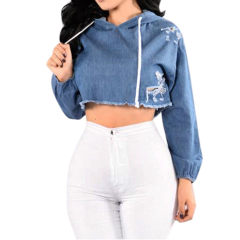 Blue Demin Blouse Women Long Sleeve Jean Hoodie Hole Hooded Pullover Short Blouse Casual Autumn Tops