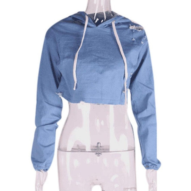 Blue Demin Blouse Women Long Sleeve Jean Hoodie Hole Hooded Pullover Short Blouse Casual Autumn Tops