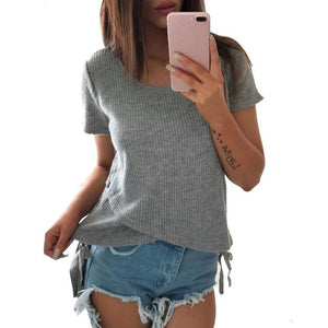 knitted T Shirt 2017 Fashion Women Ladies Short Sleeve Frill Tops Cotton Gray Bandage Shirt harajuku t shirt
