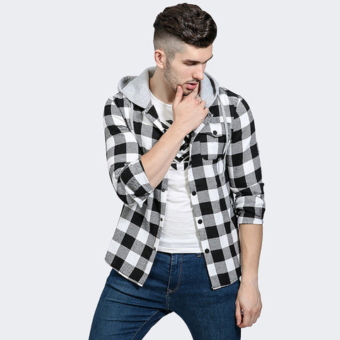 2017 Autumn Winter Men Denim Shirt Vintage Plaid Checks Long Sleeve Snap Buttons Down Hooded Casual Shirts Leisure Streetwear