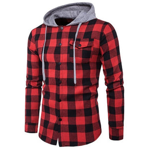 2017 Autumn Winter Men Denim Shirt Vintage Plaid Checks Long Sleeve Snap Buttons Down Hooded Casual Shirts Leisure Streetwear