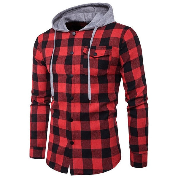 2017 Autumn Winter Men Denim Shirt Vintage Plaid Checks Long Sleeve Snap Buttons Down Hooded Casual Shirts Leisure Streetwear