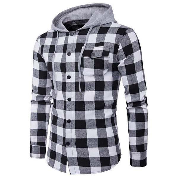 2017 Autumn Winter Men Denim Shirt Vintage Plaid Checks Long Sleeve Snap Buttons Down Hooded Casual Shirts Leisure Streetwear