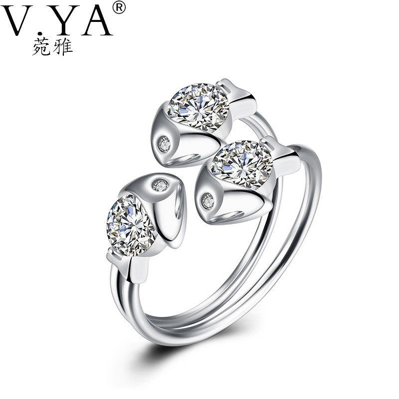 100% 925 Sterling Silver Ring Fishes AAA Crystal S925 Solid Silver Rings for Women Jewelry VYA 925-sterling-silver-ring R30
