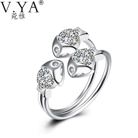 100% 925 Sterling Silver Ring Fishes AAA Crystal S925 Solid Silver Rings for Women Jewelry VYA 925-sterling-silver-ring R30