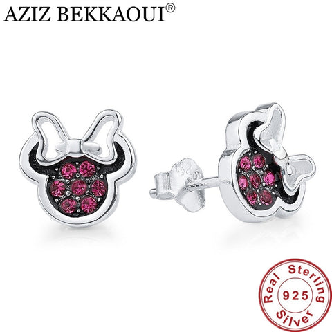 100% 925 Sterling Silver Stud Earrings Red Cubic Zirconia Minnie Shape Earrings for Women Lovely Stud Earring for Girl Valentine