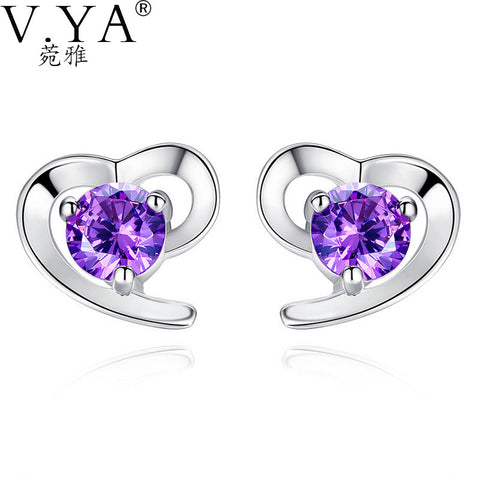 100% Genuine Pure S925 Solid Silver Heart Stud Earrings for Women Jewelry Purple White Crystal 925 Sterling Silver Earring DE06