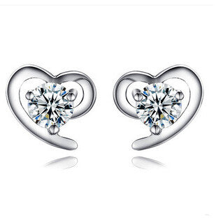 100% Genuine Pure S925 Solid Silver Heart Stud Earrings for Women Jewelry Purple White Crystal 925 Sterling Silver Earring DE06