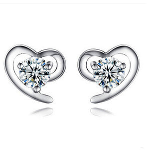 100% Genuine Pure S925 Solid Silver Heart Stud Earrings for Women Jewelry Purple White Crystal 925 Sterling Silver Earring DE06