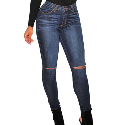 Womens Classic High Waist Skinny Ripped Knee Jeans Dark Denim