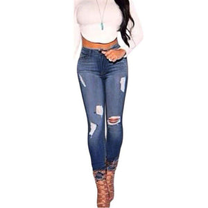 Women's Skinny Leg Ripped Knee Hole Jeans Stretch Jeggings