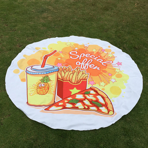 Round Printing Pizza Hippie Tapestry Beach Picnic Throw Yoga Mat Towel Blanket