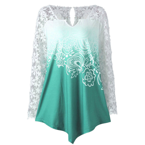 Womens Printing Lace Shirt Long Sleeve Shirt Casual Tops Ladies Blouse