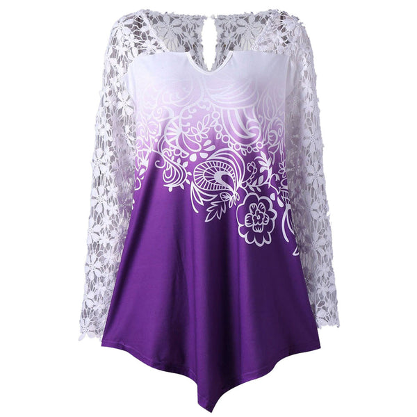 Womens Printing Lace Shirt Long Sleeve Shirt Casual Tops Ladies Blouse